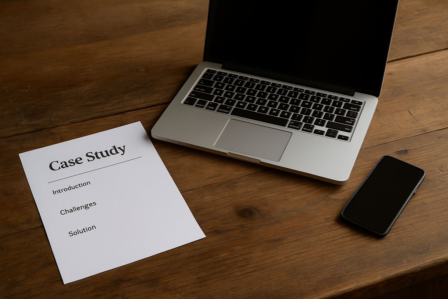 A simple workbench with a case study printout beside a laptop and a phone; three places, three different expectations